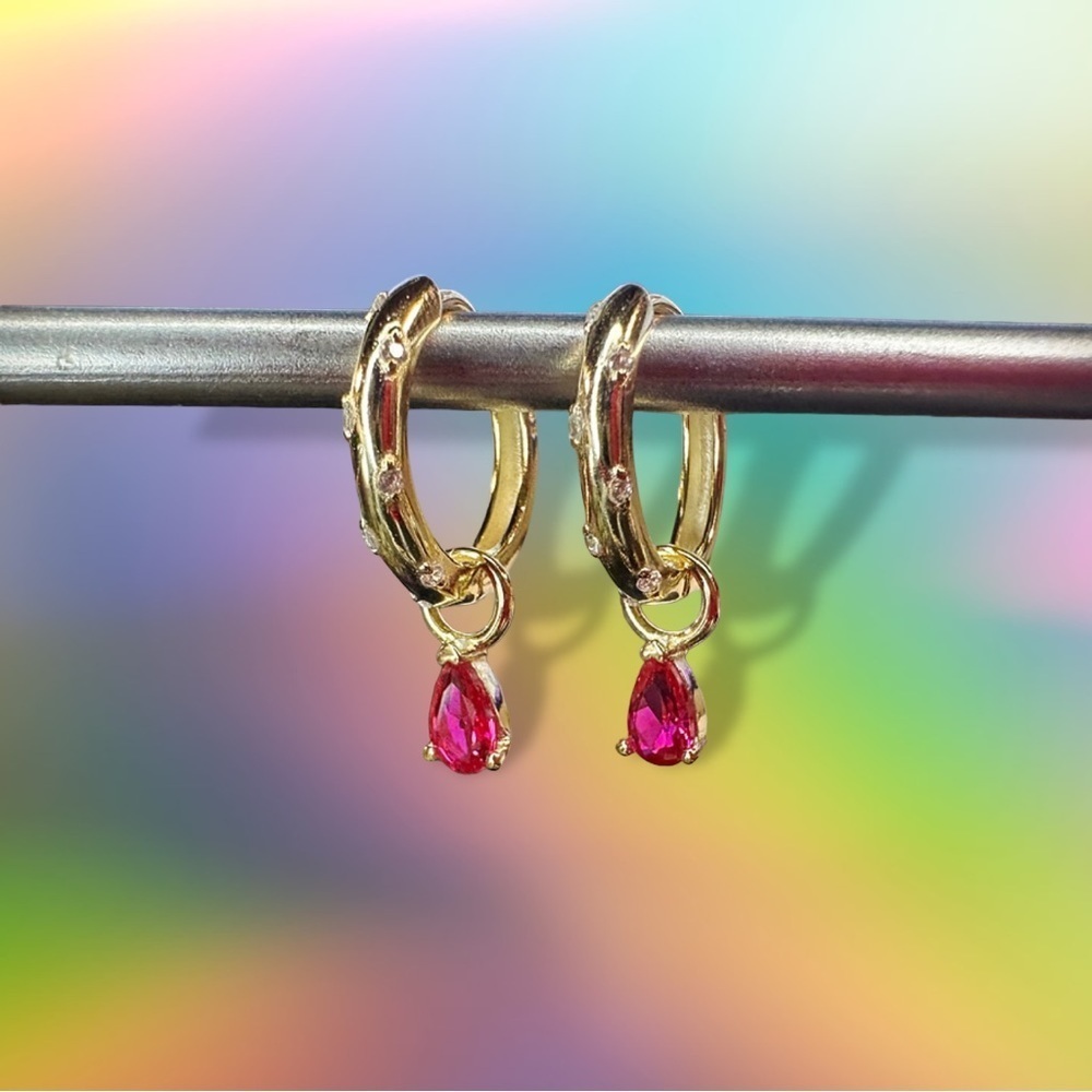 NEW 14K Yellow Gold-Plated White Crystal CZ Encrusted Huggie Hoops w Ruby Dangle - Picture 13 of 16